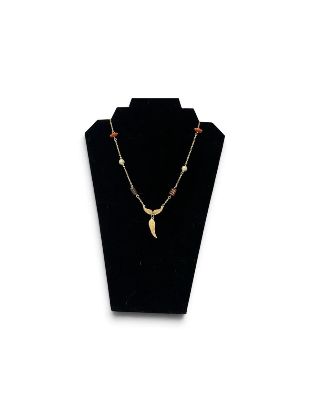 Gold Tone Angel Wing Necklace Beaded Pearl Fall Earth Tone Halloween Handmade